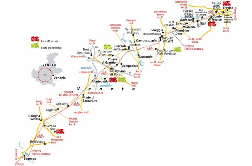 Tracciato ciclovia Treviso-Ostiglia e soste