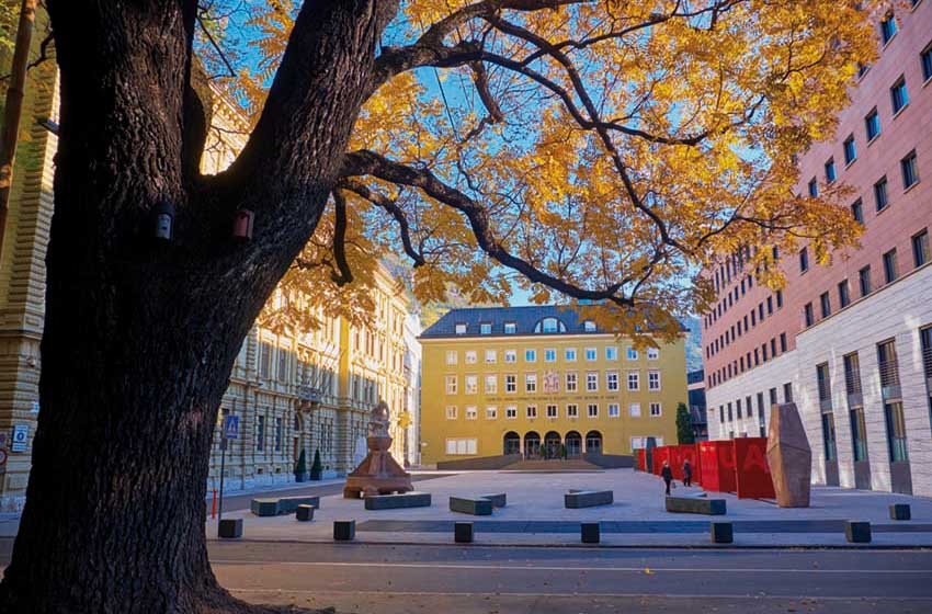 Alto Adige-Bolzano-Piazza Silvius Magnago-edifici-panchine-albero-autunno