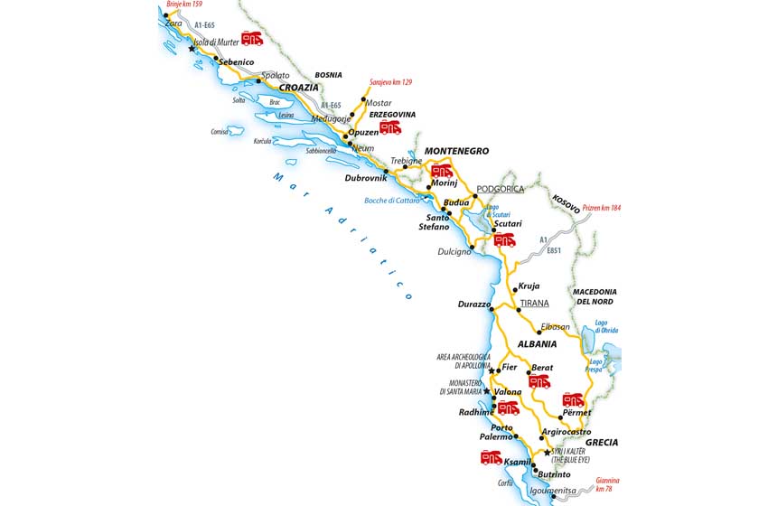 cartina soste camper albania, croazia e montenegro