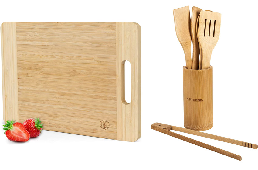 tagliere e attrezzi da cucina in bambù