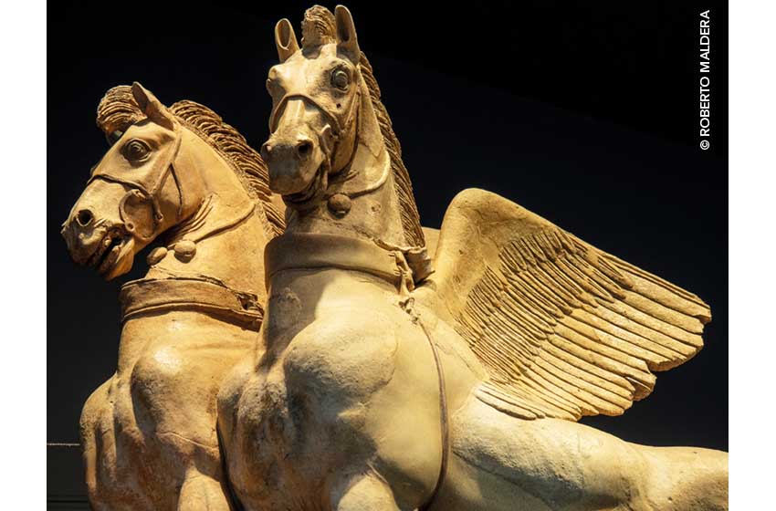 Lazio,Tarquinia: il bassorilievo dei cavalli alati a Palazzo Vitelleschi, sede del Museo Nazionale Etrusco
