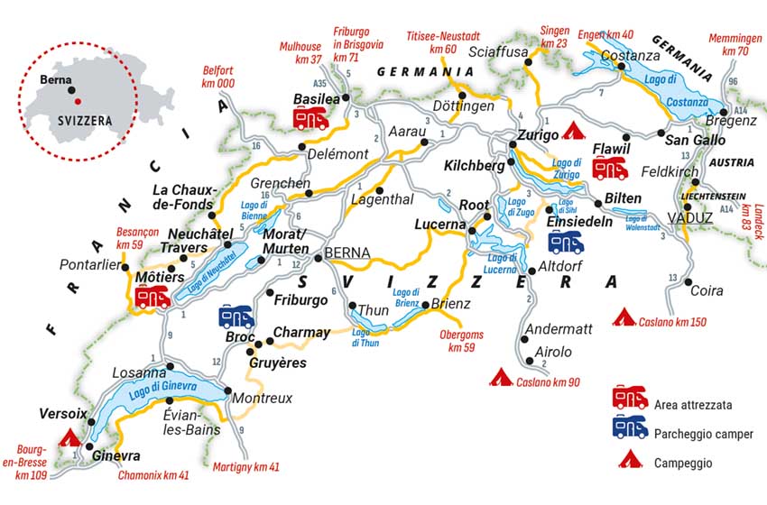 Svizzera-cartina itinerario da Ginevra a Lucerna