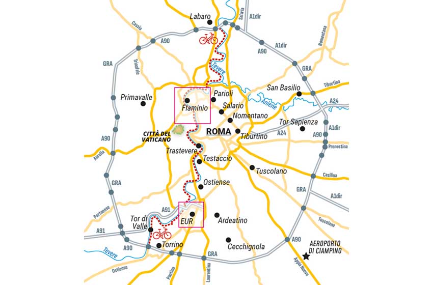 Mappa di Roma con Ciclabile del Tevere