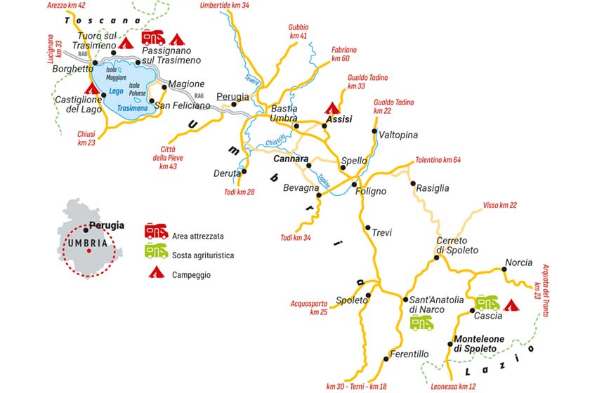 Umbria-mappa da Assisi a Monteleone di Spoleto
