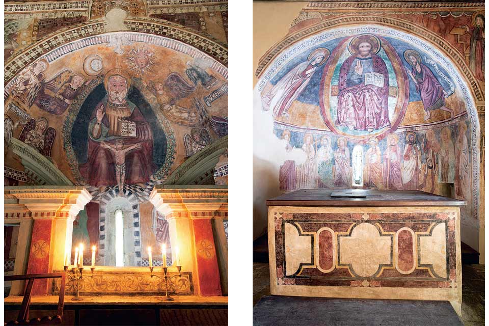 Gli interni della cappella di San Quilico di Cambia e della chiesa di San Nicolao a Sernano
