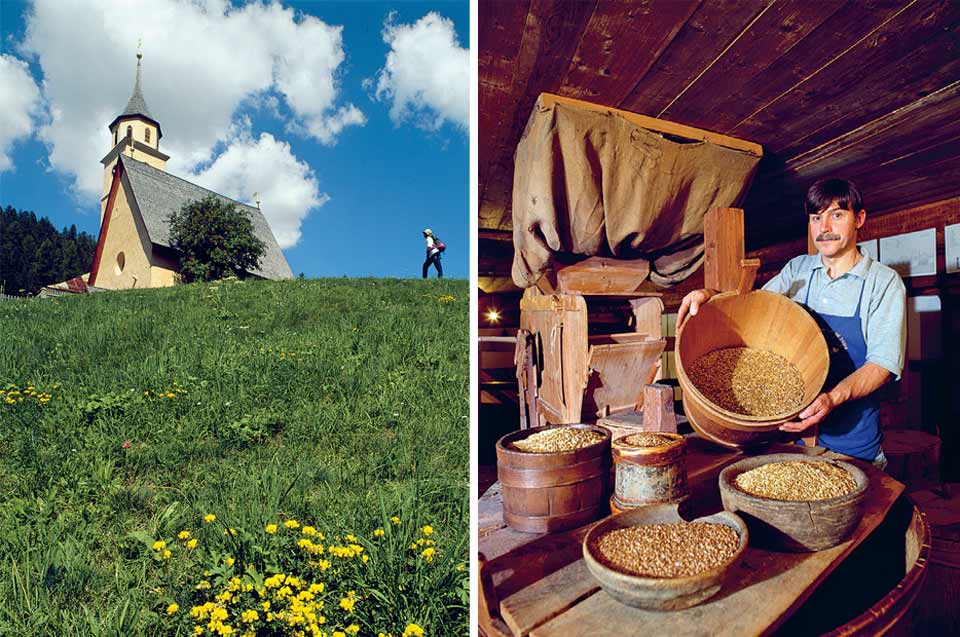 La chiesetta e il Molin de Pèzol a Pera di Fassa