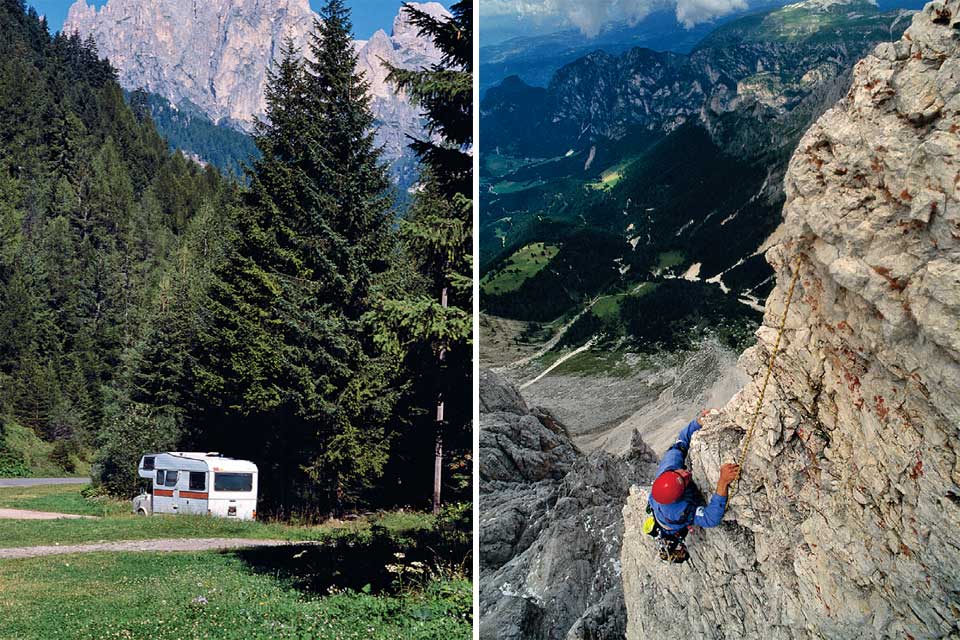 Un camper in sosta in Val San Nicolò e l’ascesa dello spigolo Piaz