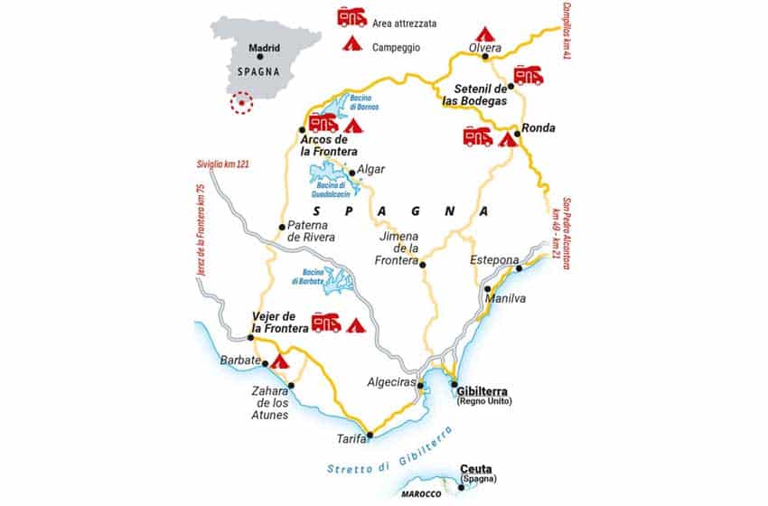 Spagna-Andalusia-Pueblos-Blancos-mappa con soste camper